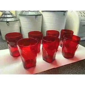 7 Vintage Ruby Red Morgantown Seneca Crinkle Driftwood Juice Mid Century glasses